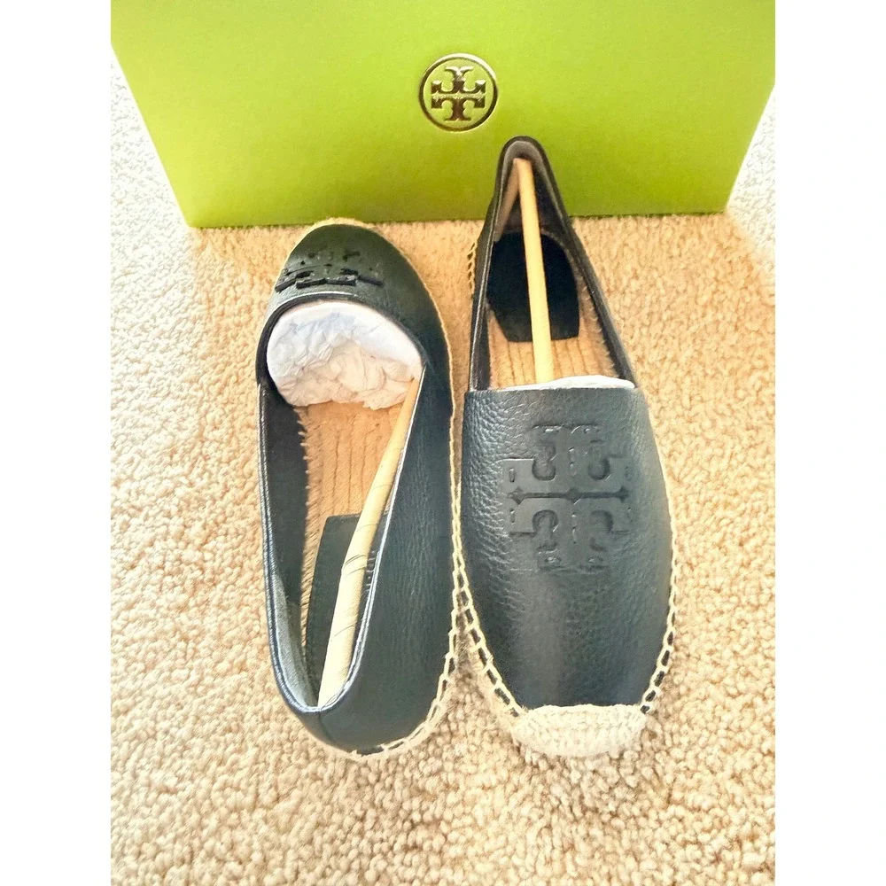 Tory Burch Stitch Logo Leather Espadrille Perfect Black Pebbled Flat 181312 6